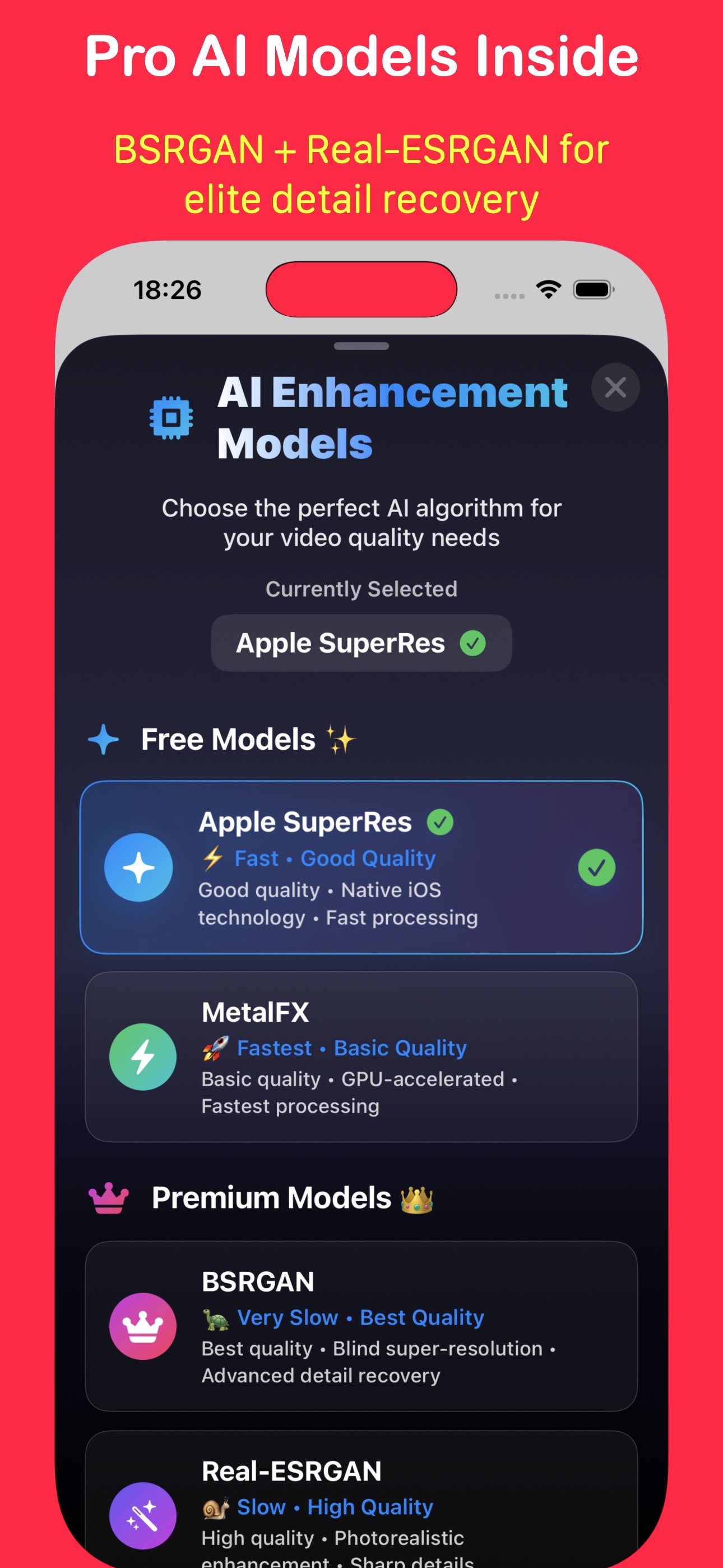 App screenshot with video enhancement controls and export settings