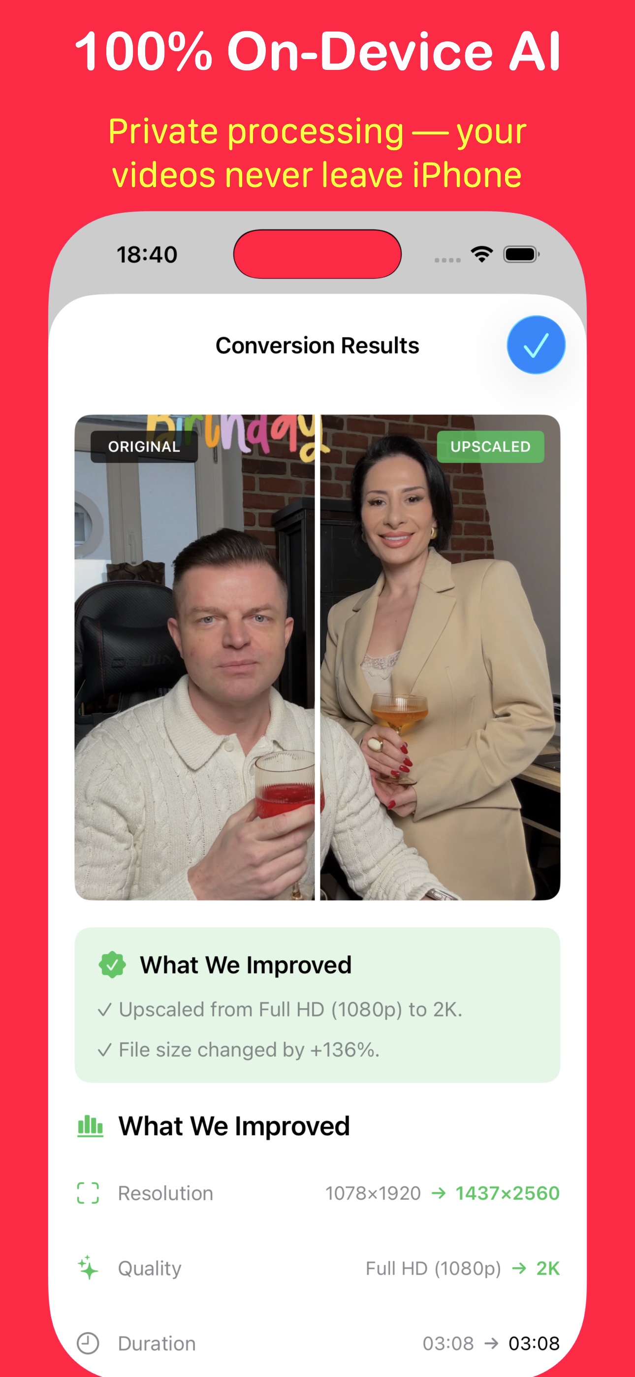 App screenshot with upscaling progress and conversion workflow