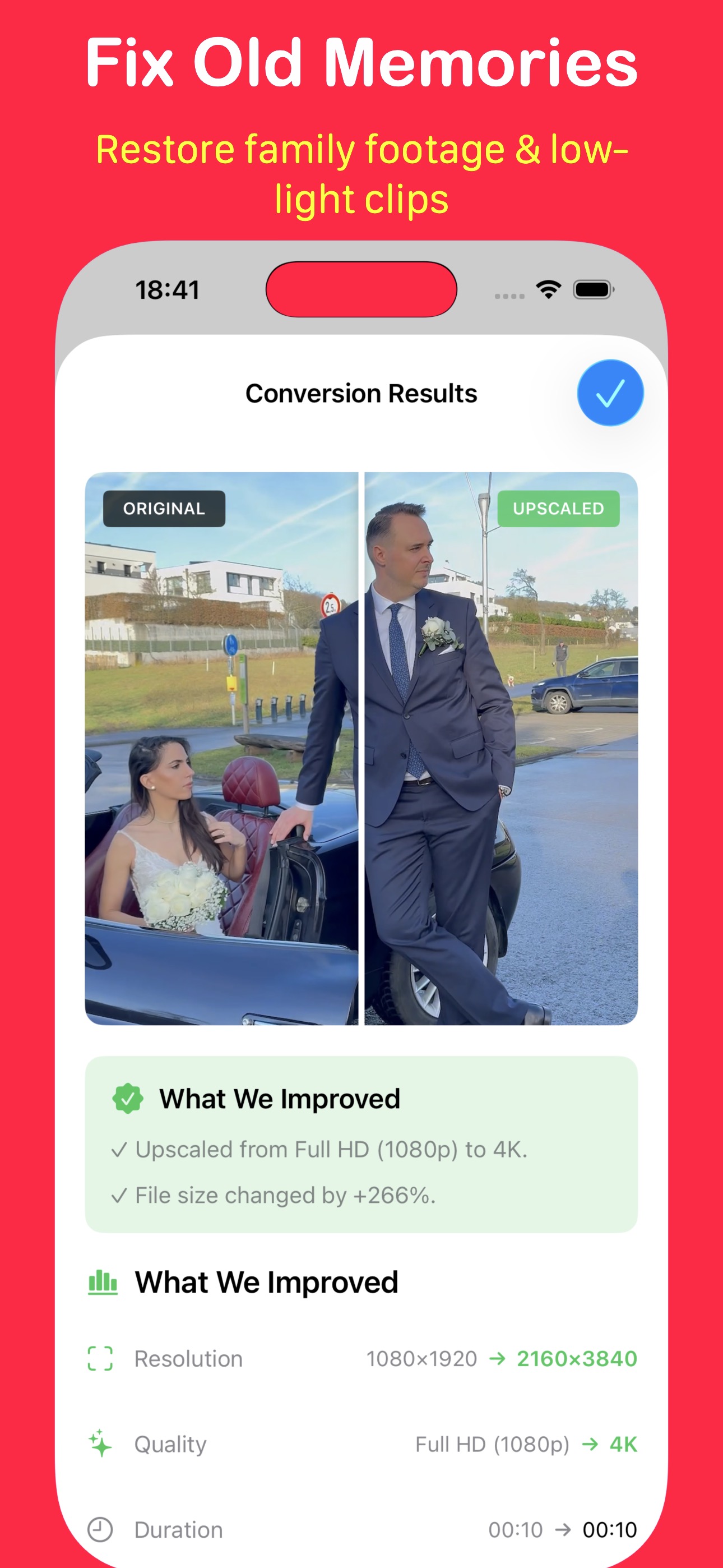 App screenshot with before and after comparison for restored video quality